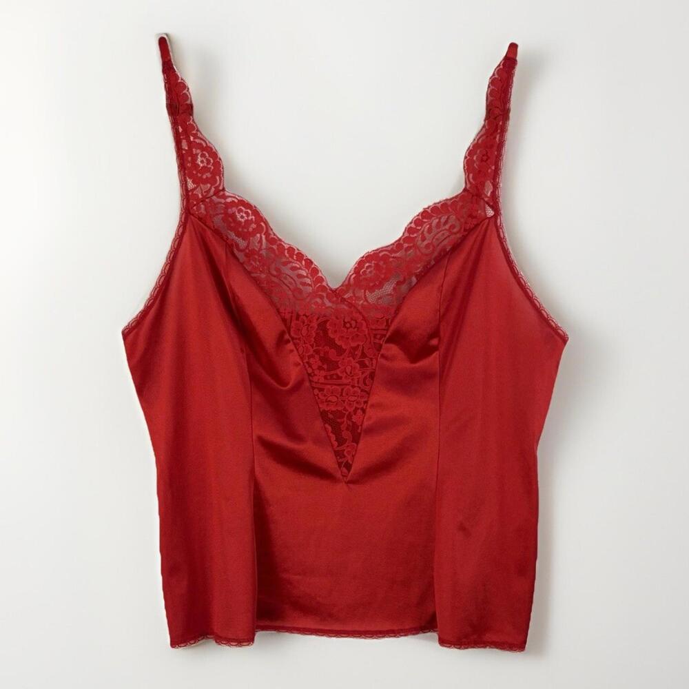 Vintage Adonna sz 38 Red Sexy Camisole Lingerie Nylon‎ Satin & Lace Cami USA